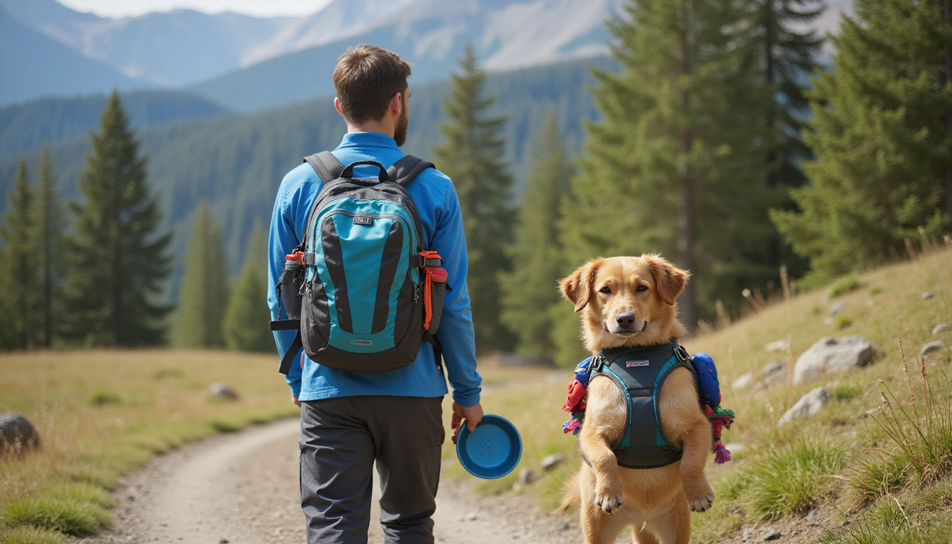 Outdoor pet owner packing durable dog gear backpack with water bowls and toys on mountain path