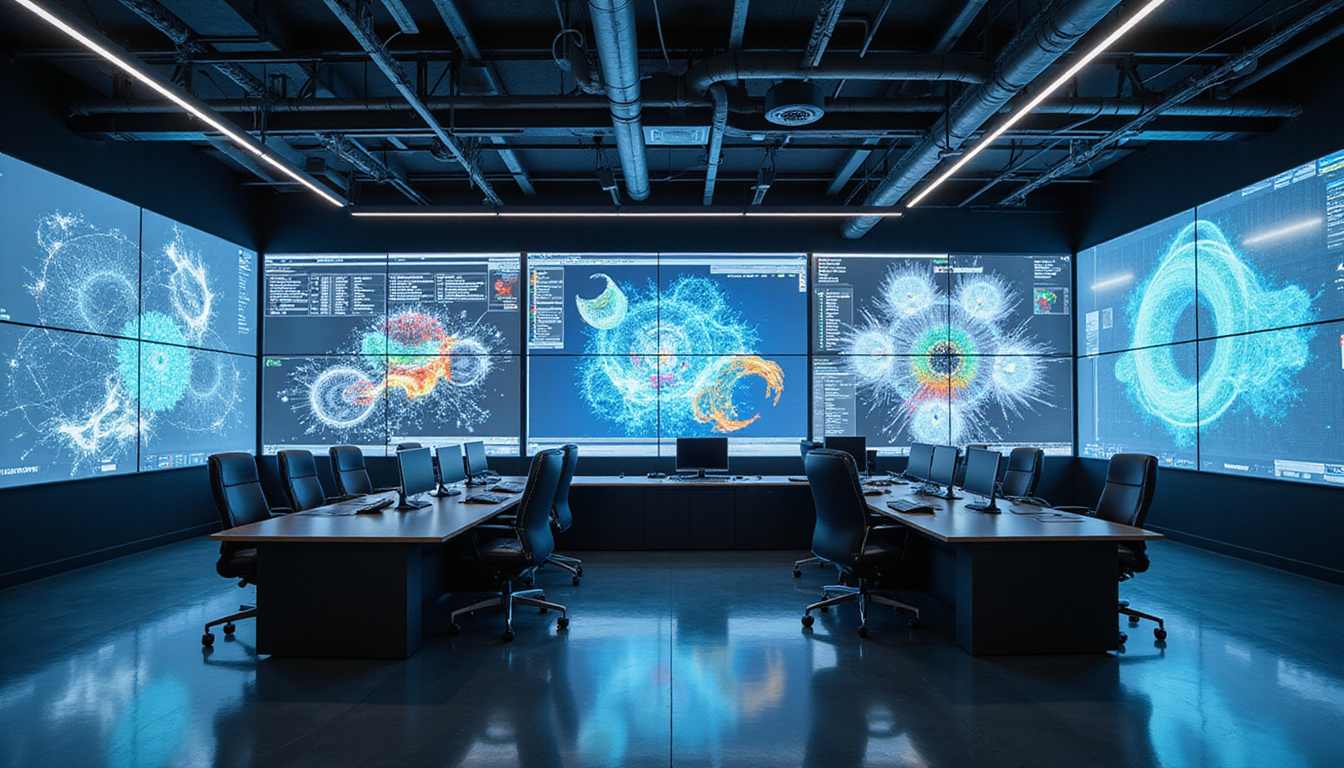  High-tech industrial control room showcasing digital twin simulations on multiple transparent screens, sleek design