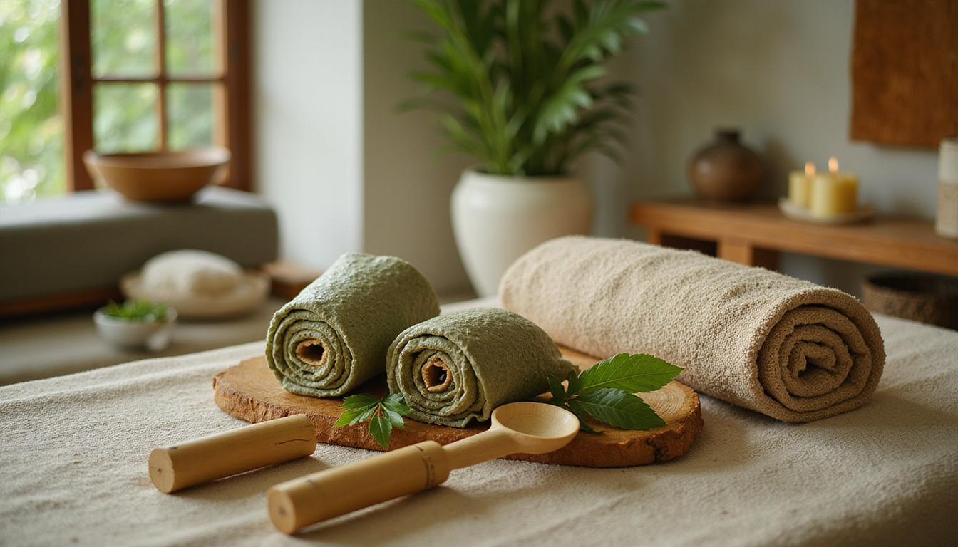  Eco-friendly spa treatment with herbal wraps, bamboo massage tools, sustainable eco-resort setting, Balinese style peaceful ambiance