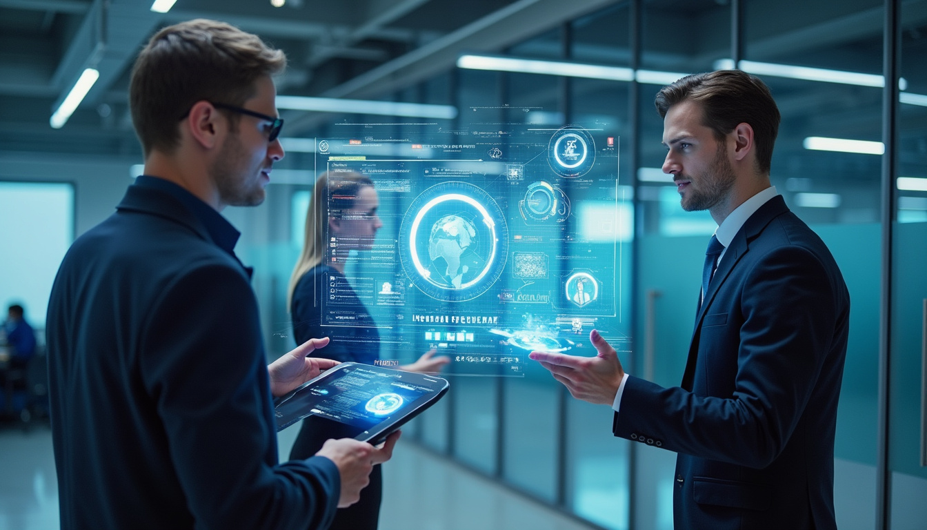  professionals collaborating with interactive holographic procurement system in high-tech office