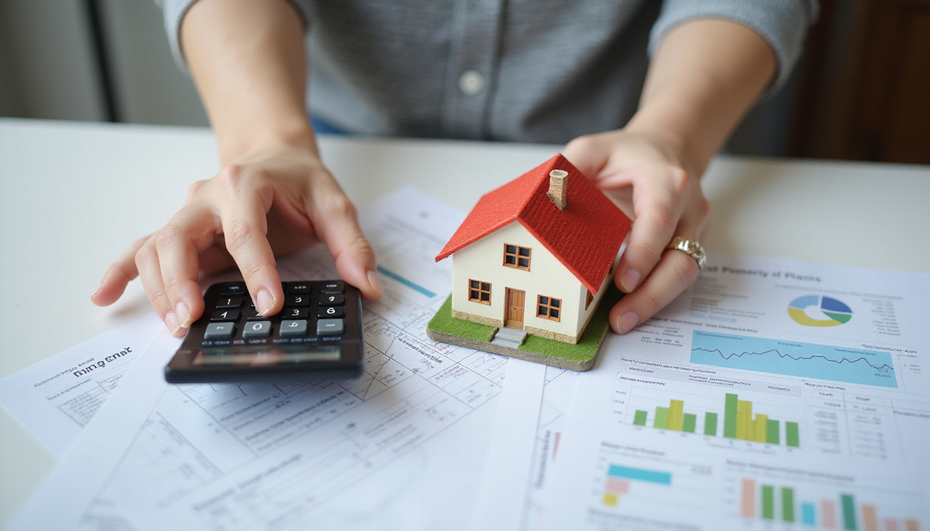 hands holding house model and calculator on tax forms, strategic investment planning atmosphere