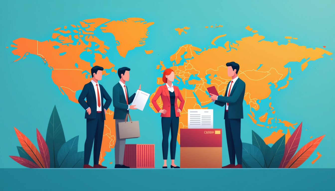  Professional businesspeople analyzing customs documents, world map background, import-export concept