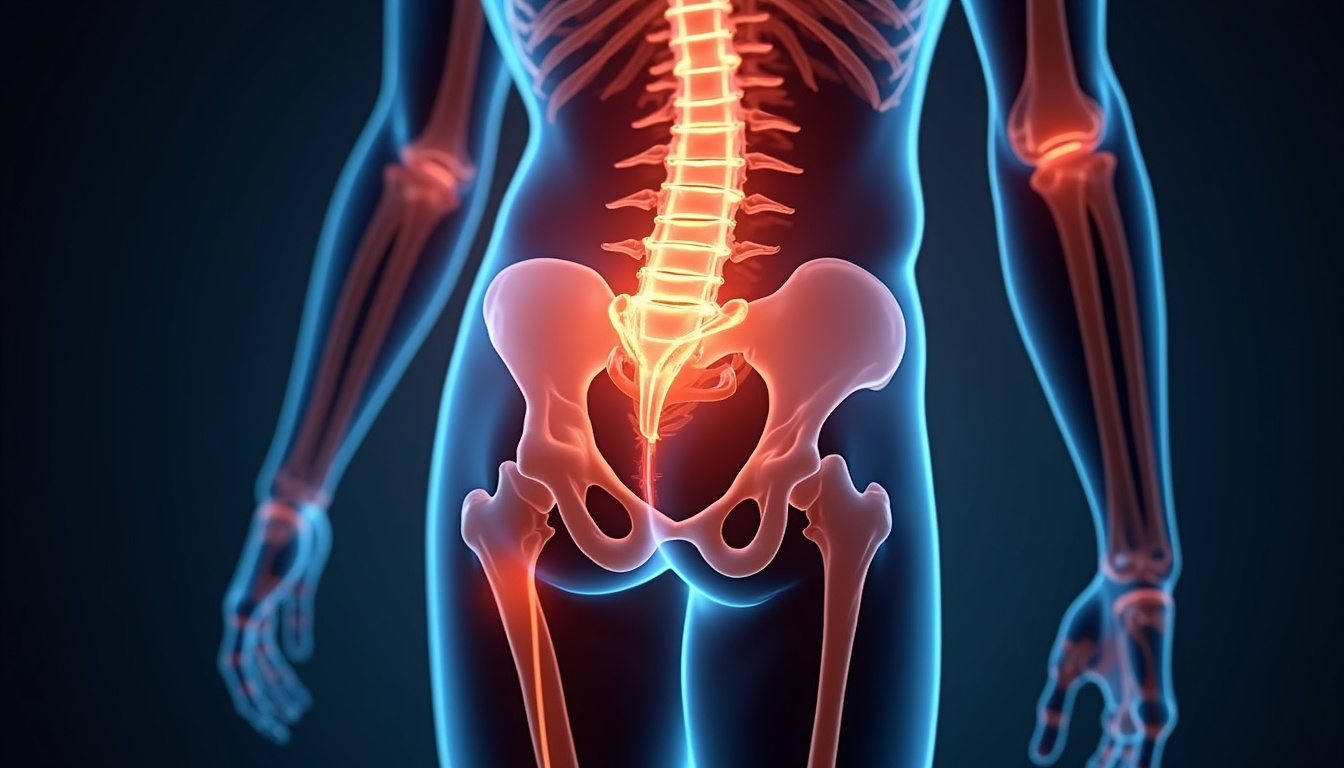 detailed anatomy of sciatic nerve with pain points glowing, educational diagram style