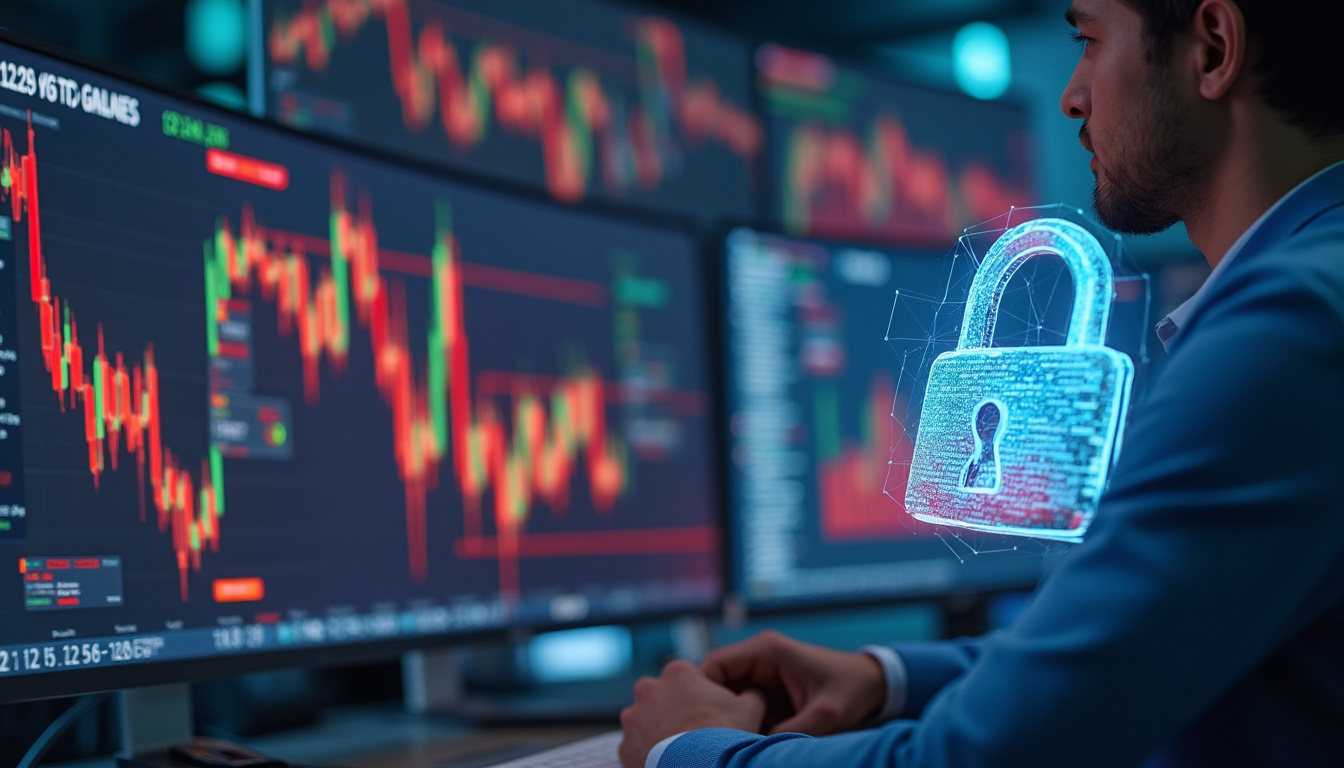  Investor reviewing cryptocurrency charts on multiple screens, digital lock floating holographically nearby