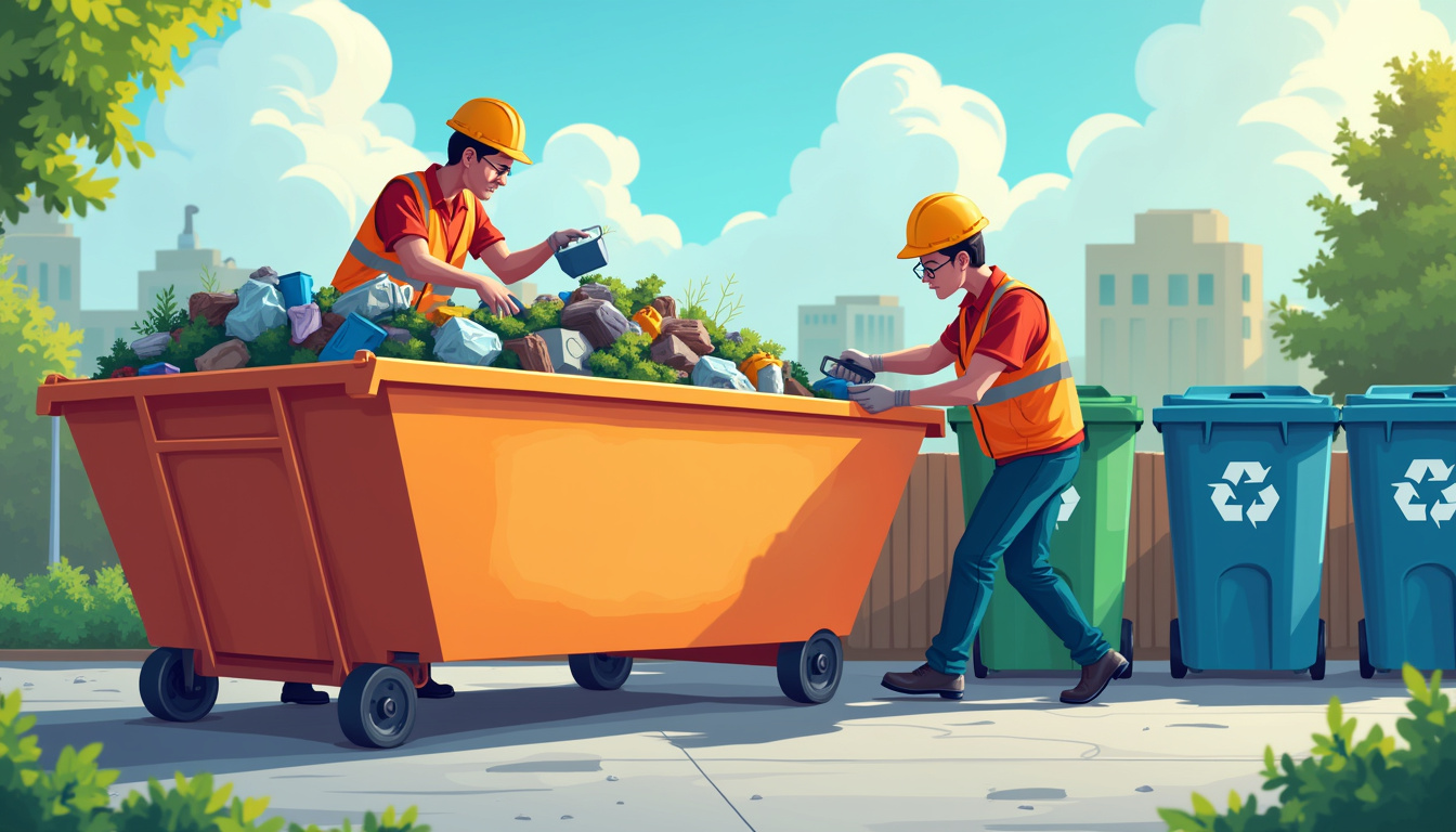 professional waste management team loading heavy trash into rental dumpster, recycling bins nearby, bright atmosphere