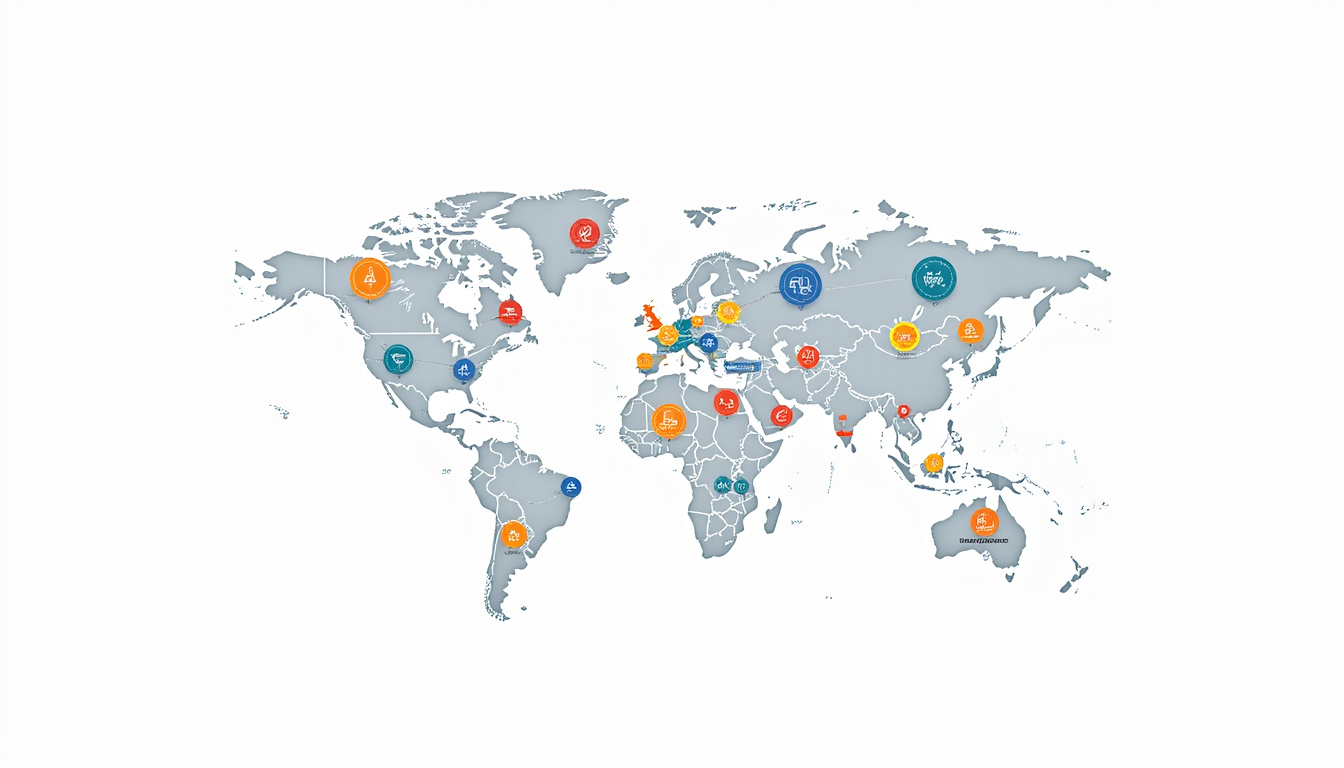  colorful infographic depicting various NAICS sector icons connected in a network map