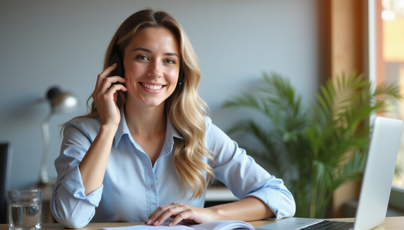 Smiling businesswoman managing calls efficiently with computer and phone headset