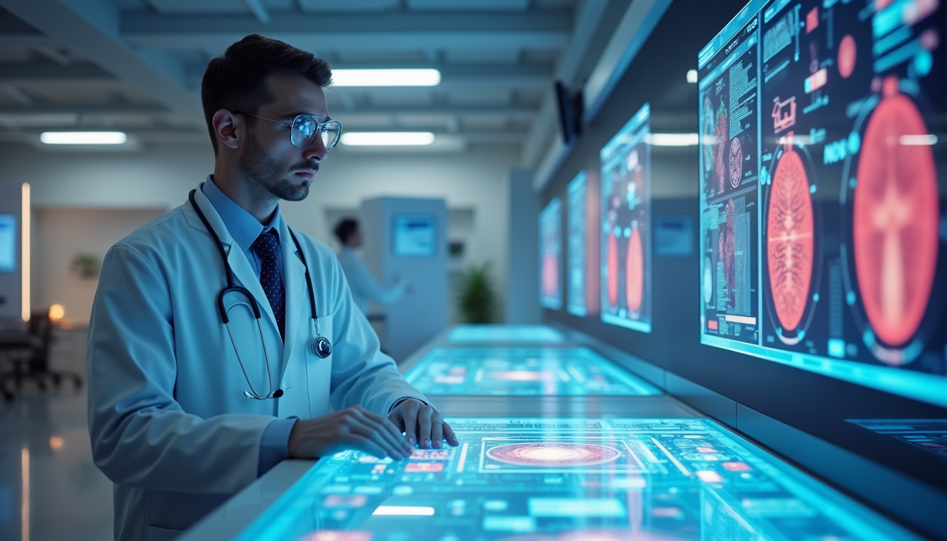  medical researchers using AI for skin disease diagnosis, futuristic lab with holographic displays