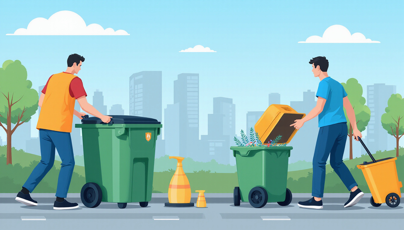  Professional waste management team collecting large bins, clean urban environment, blue sky
