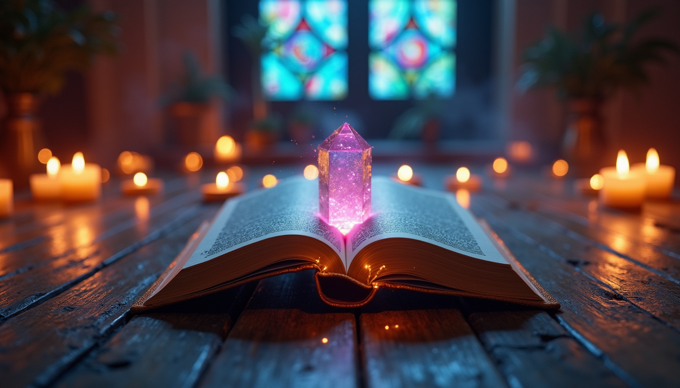  Ancient tomes and glowing crystals illuminating a dimly lit room filled with spiritual symbols and candles