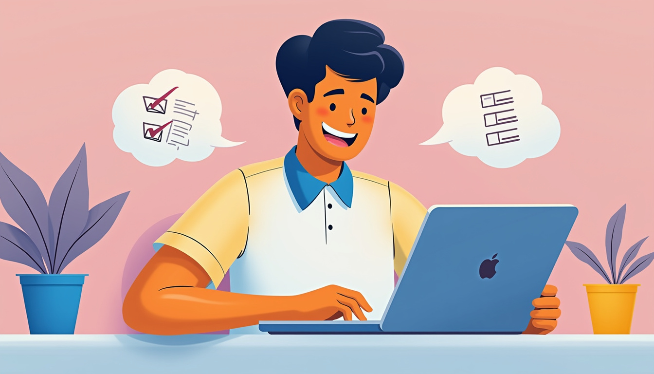  Happy person completing online registration on laptop with checklist and icons