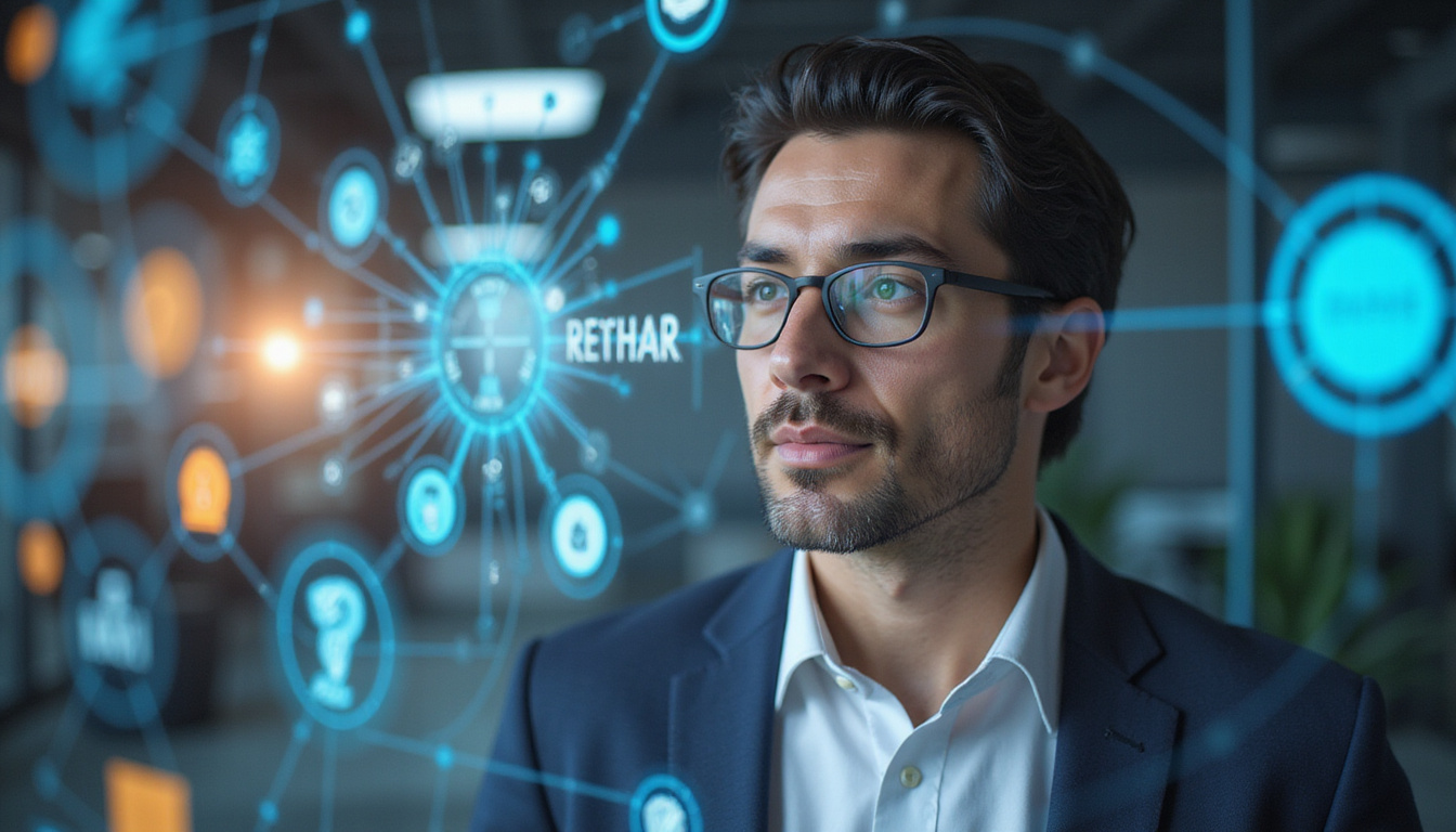 Business professional strategizing marketing technology plans, holographic interface, dynamic office setting