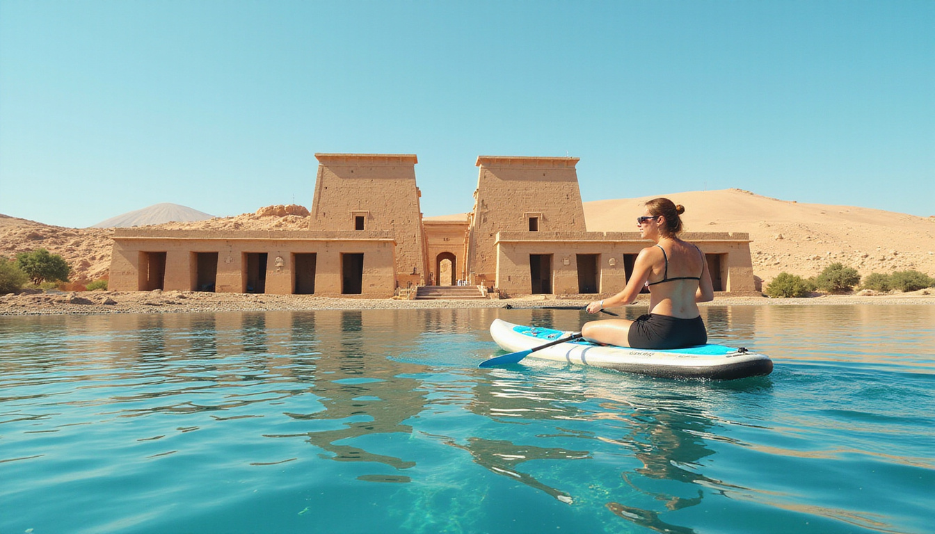  Adventurous person paddleboarding on Nile with ancient Egyptian temples and clear blue water background