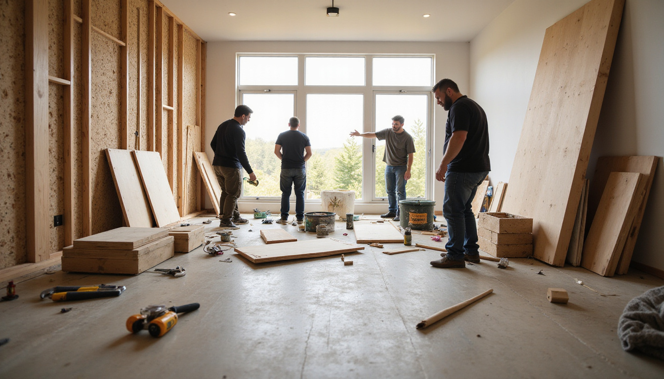  construction workers remodeling cozy house, efficient tools, affordable materials, bright natural light