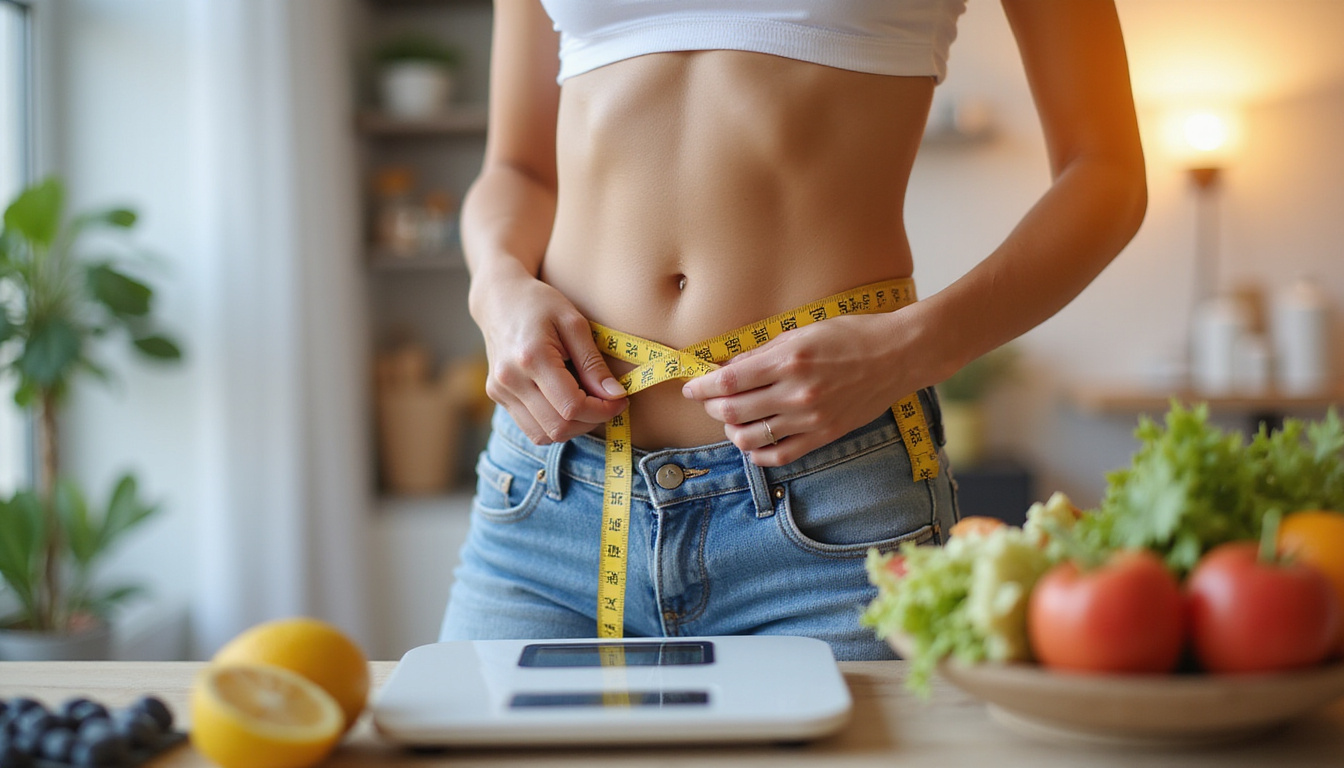 Slim fit individual measuring waist, digital scale, fresh low-carb meals, vibrant energy, motivational atmosphere