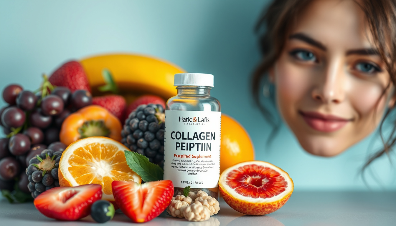 collagen peptide supplement bottle, fresh fruits, radiant healthy hair, glowing youthful skin background
