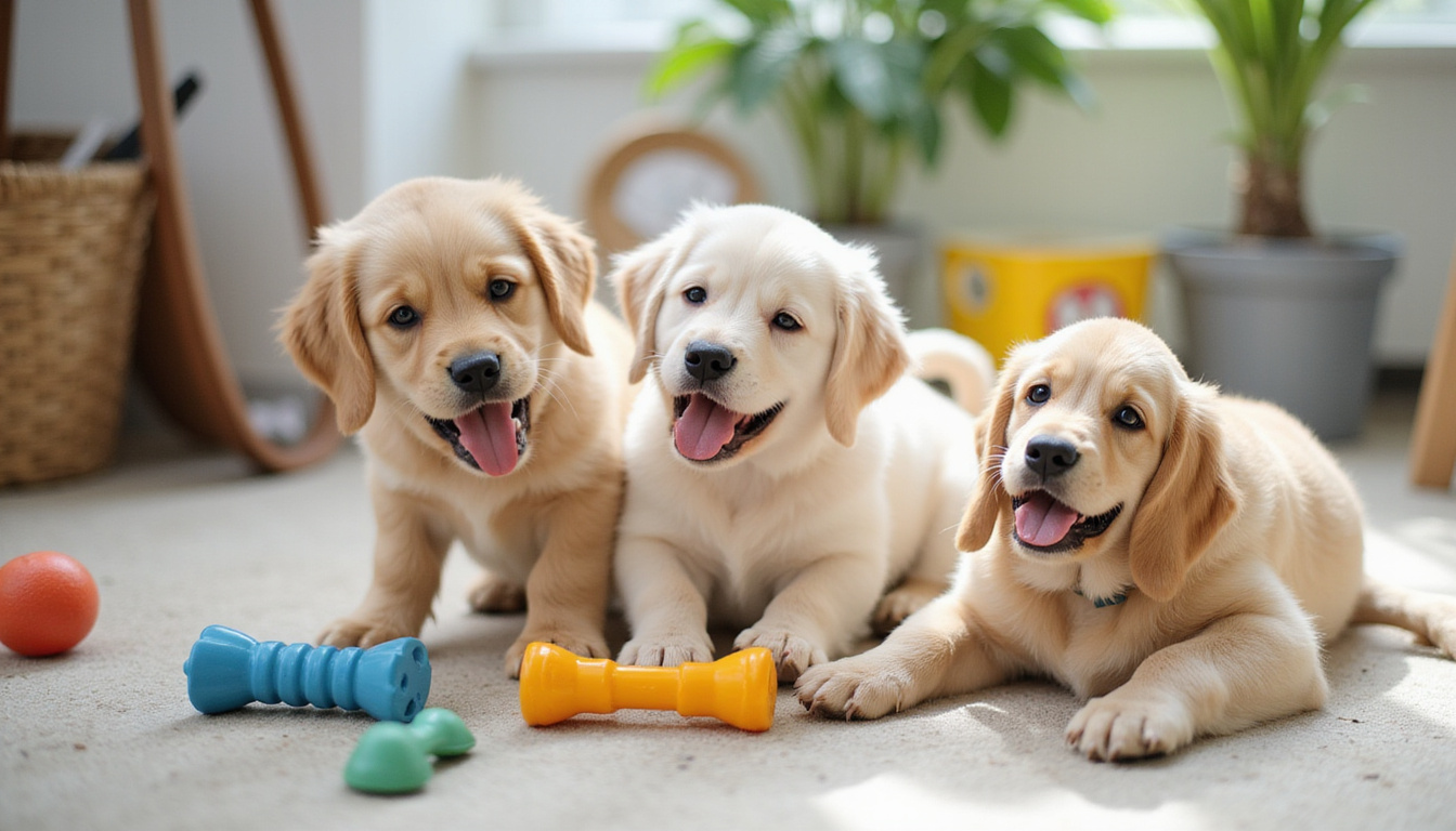  Playful puppies enjoying durable chew toys and stylish pet accessories in bright natural light
