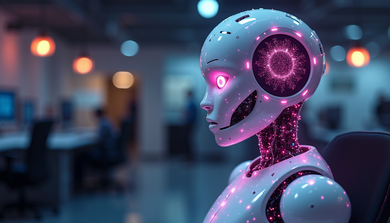  advanced chatbot interface glowing with complex neural network graphics in a modern office setting