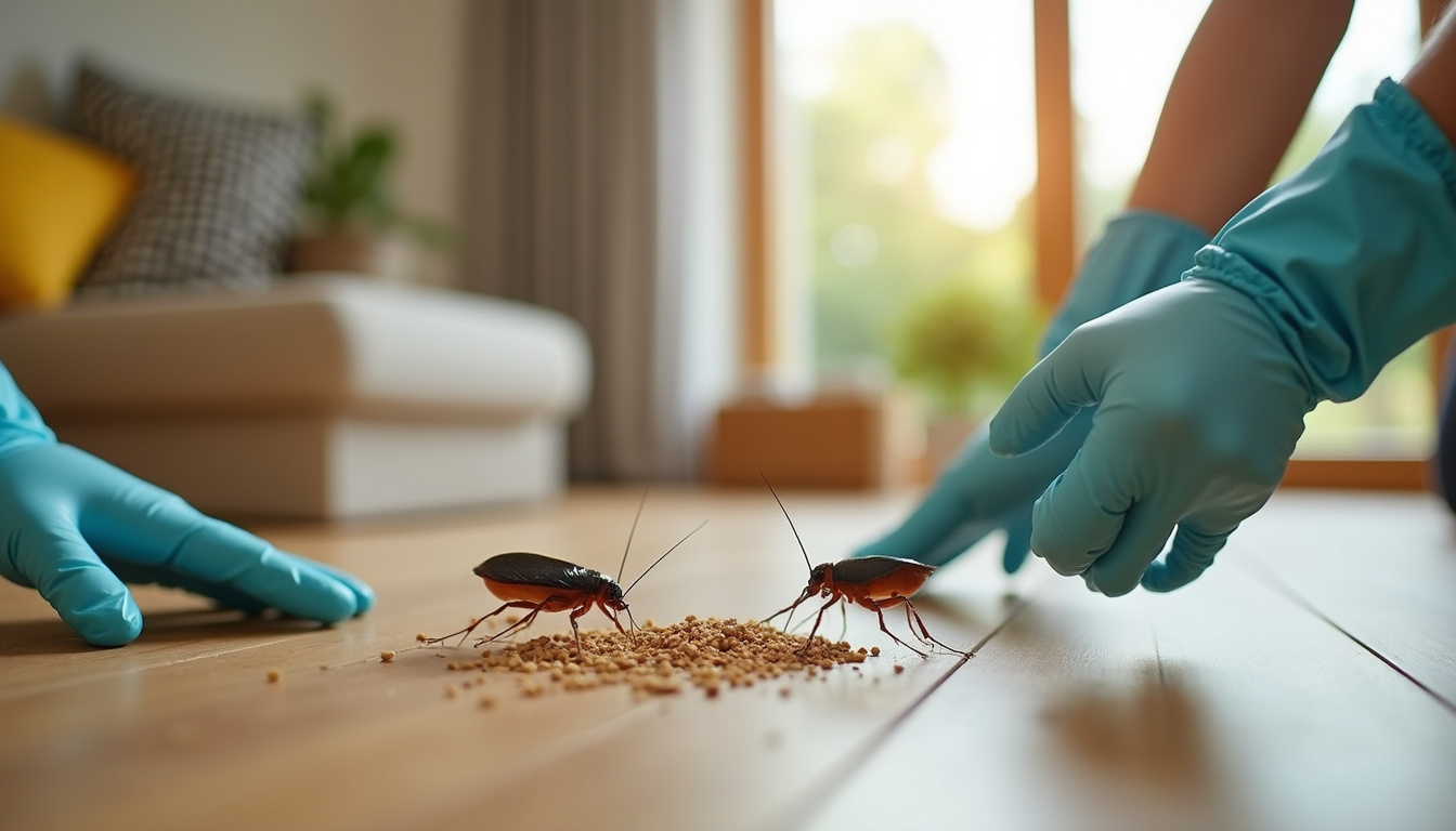  Protective gloves applying roach bait traps in a modern home, focus on traps and cockroaches