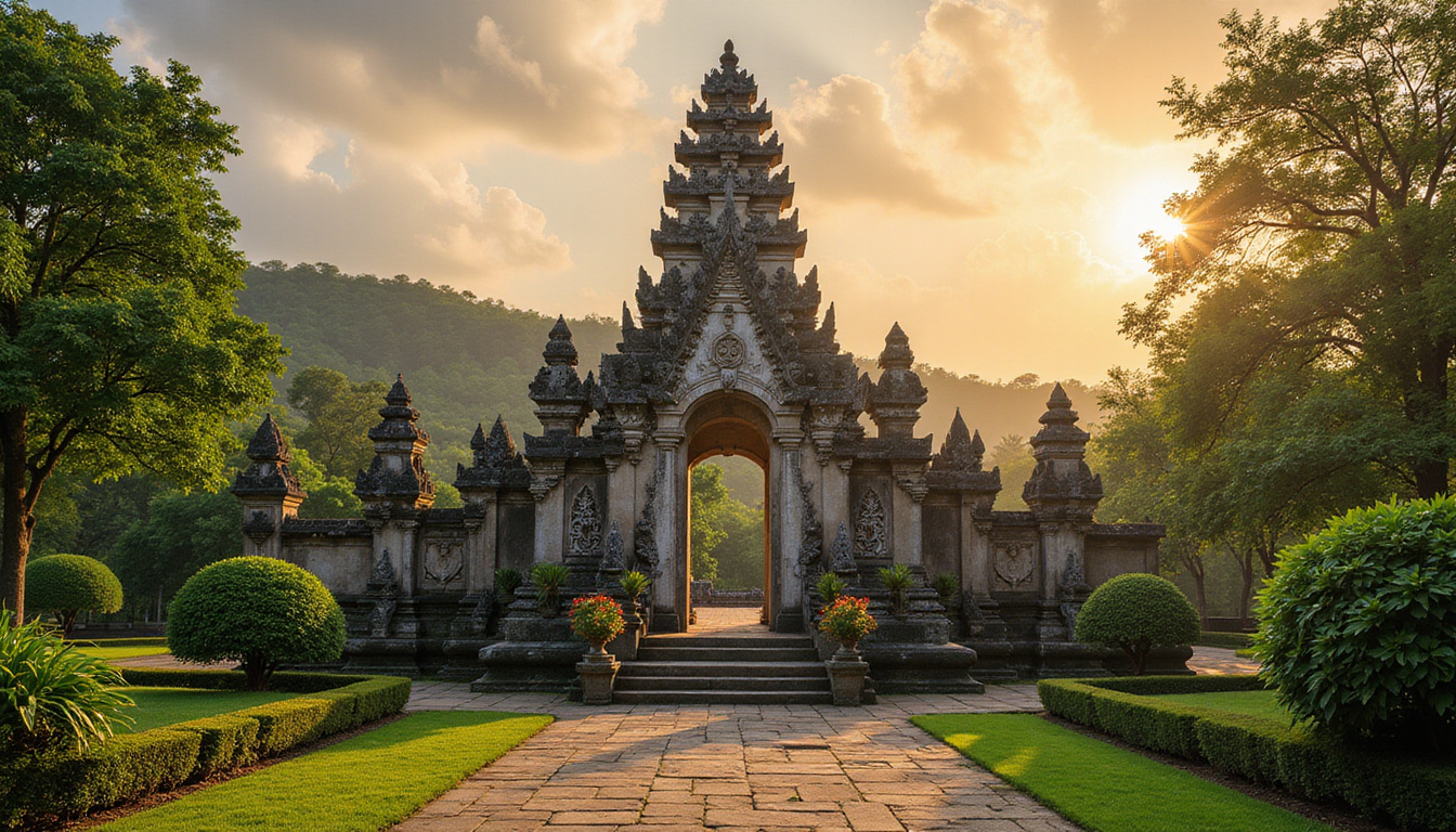  Traditional Balinese temple surrounded by lush greenery, intricate stone carvings at golden hour