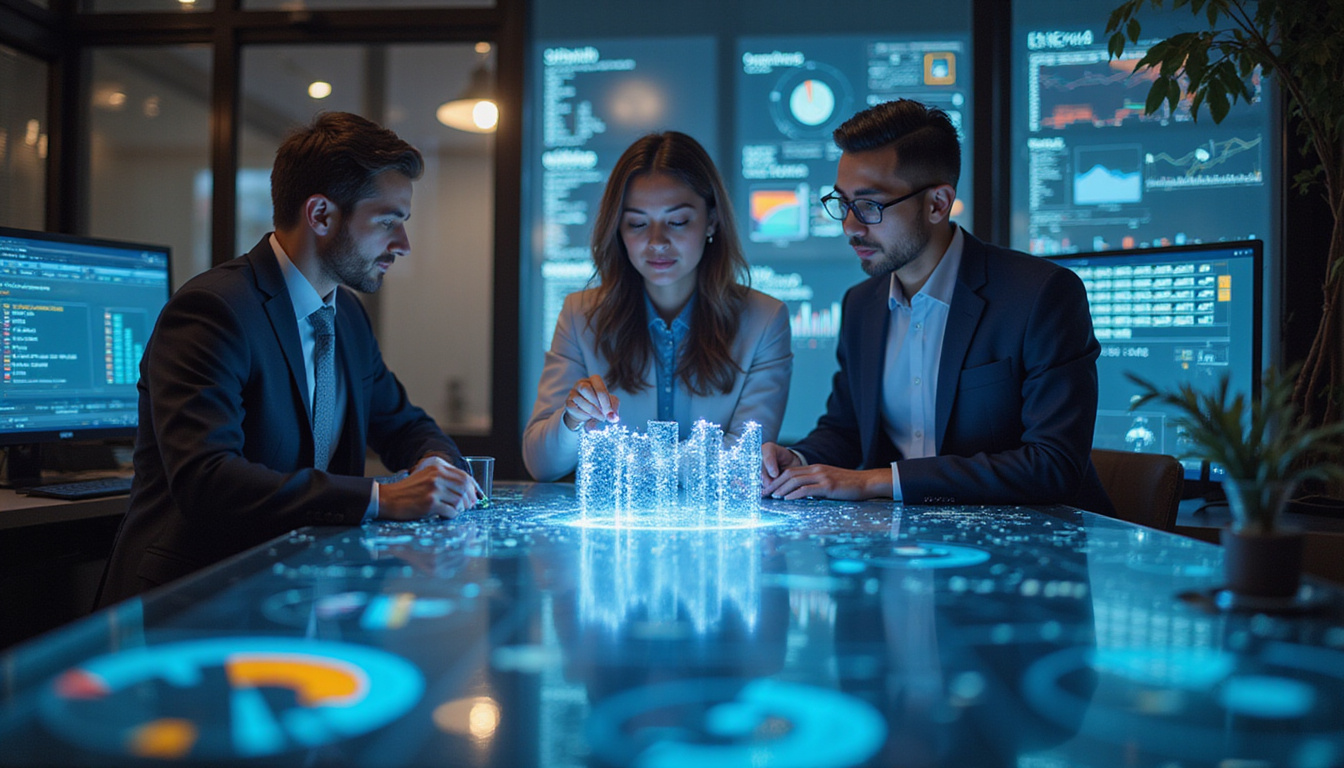  business team analyzing procurement charts with holographic UNSPSC codes, modern workspace lighting