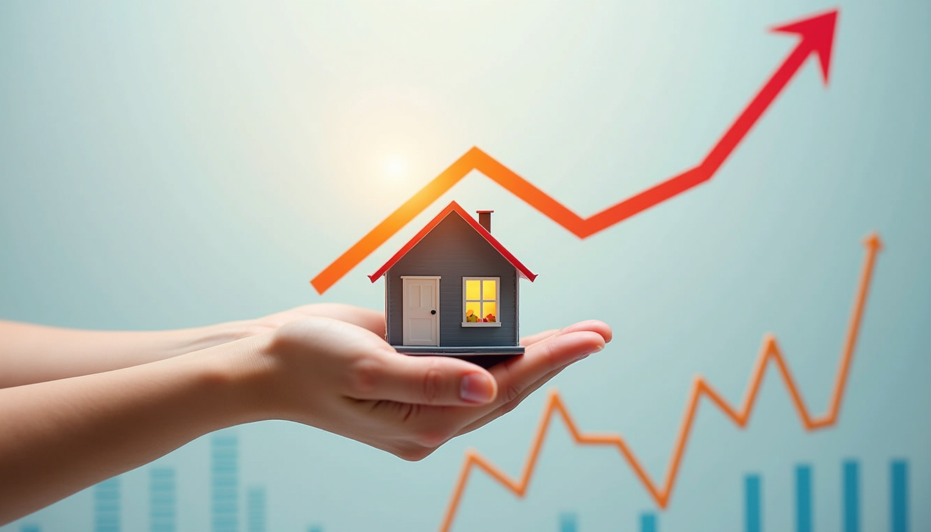 Hands holding a miniature renovated house with upward trending SEO analytics background