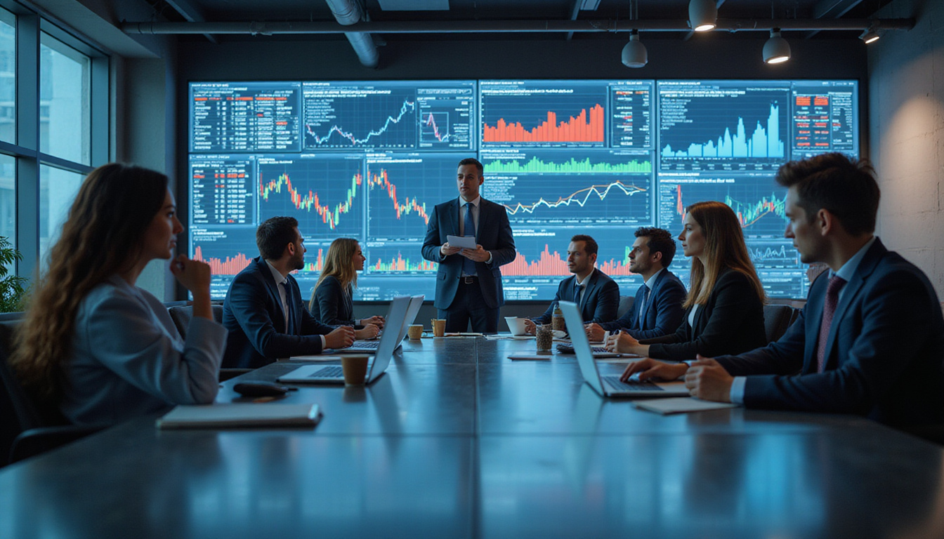  Diverse businesspeople analyzing digital charts and international trade data in modern office environment
