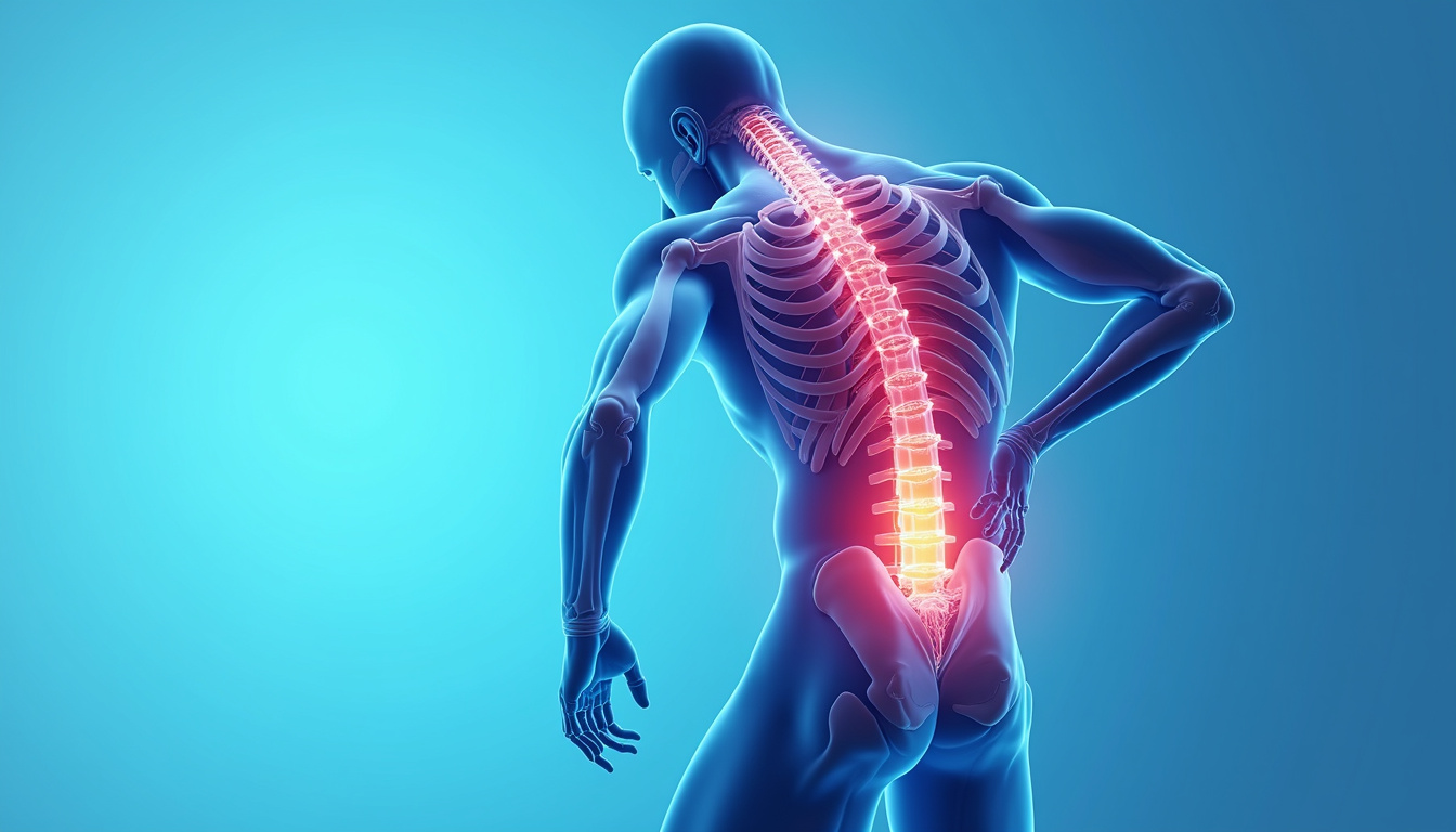  detailed anatomy of lower back muscles, soothing blue tones, pain relief concept