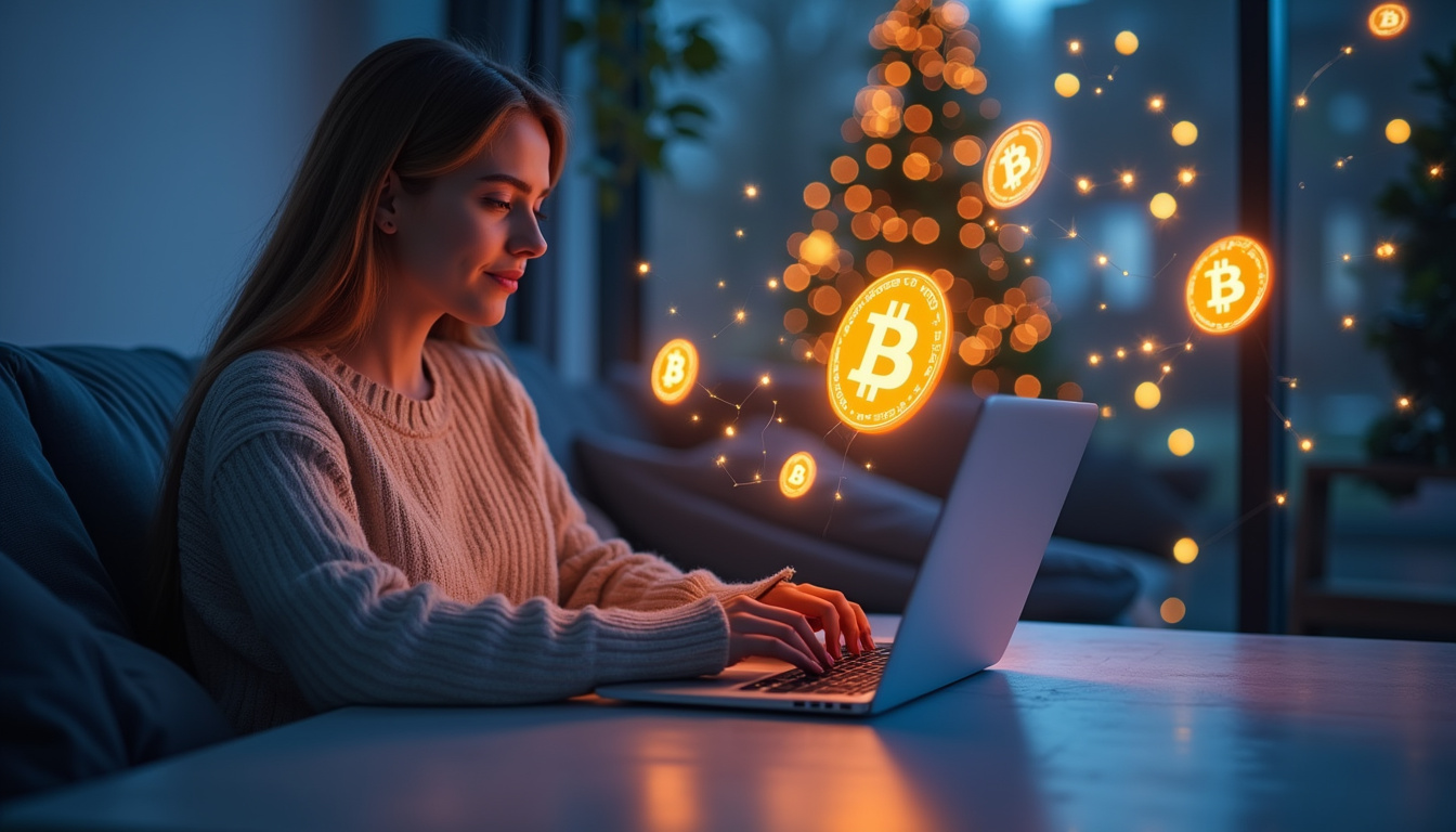 Calm person using laptop, crypto symbols, earning passive income at home