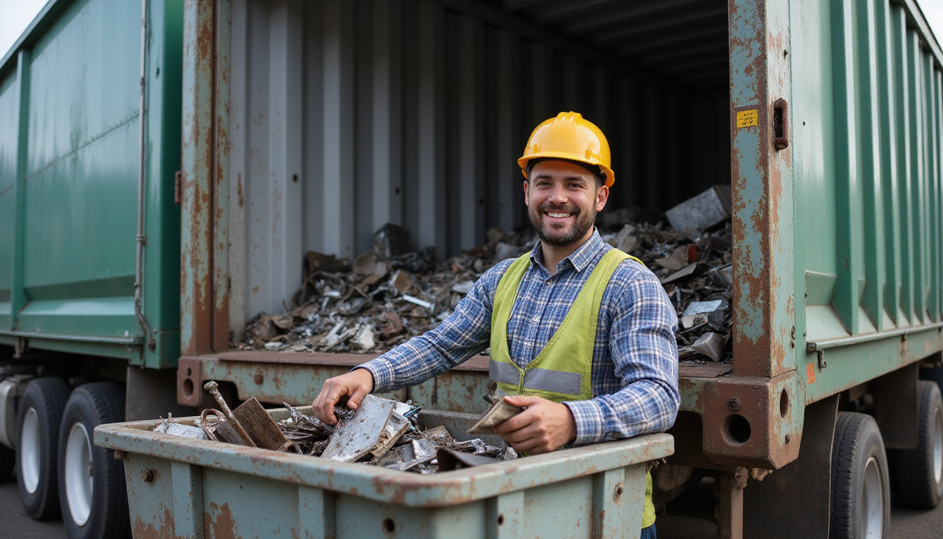 Friendly worker loading scrap metal bins into recycling truck surrounded by industrial backdrop