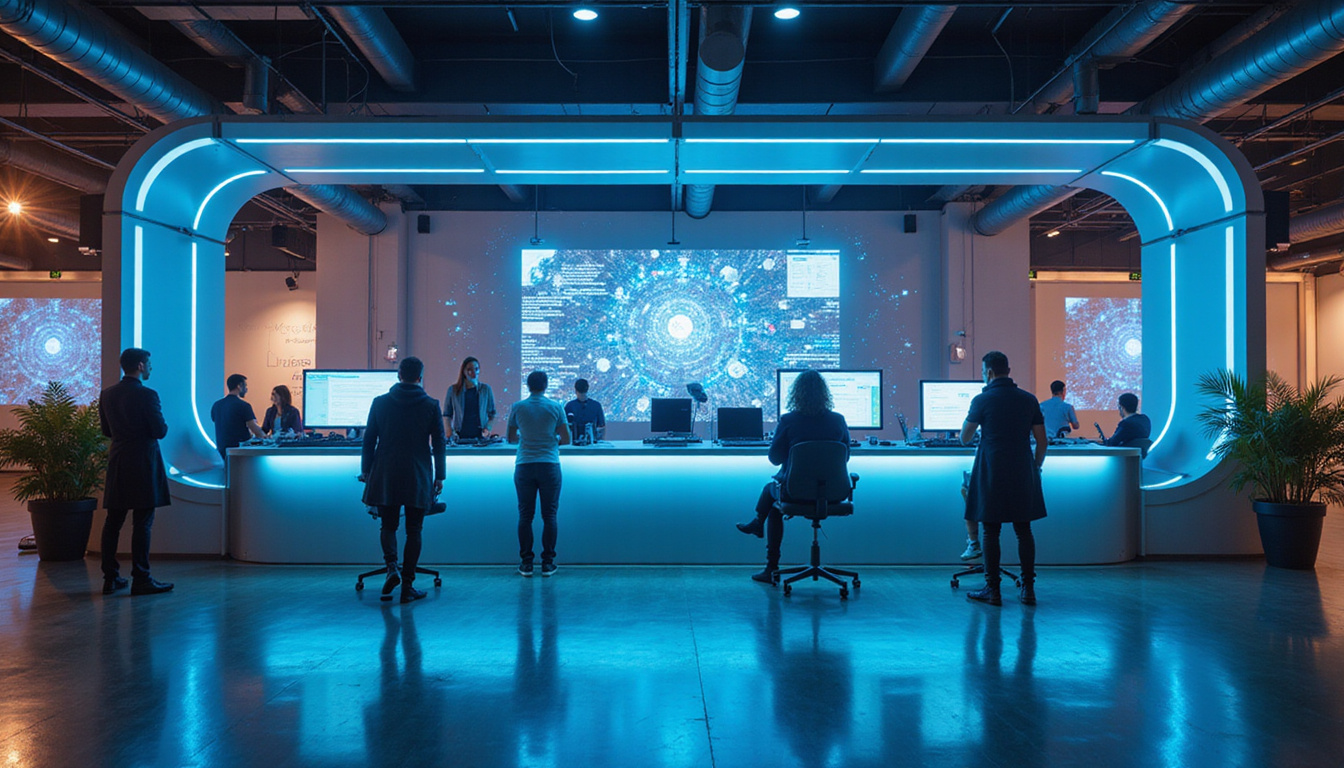  futuristic customer service center with AI chatbots, glowing screens, efficient digital interaction, dynamic teamwork atmosphere