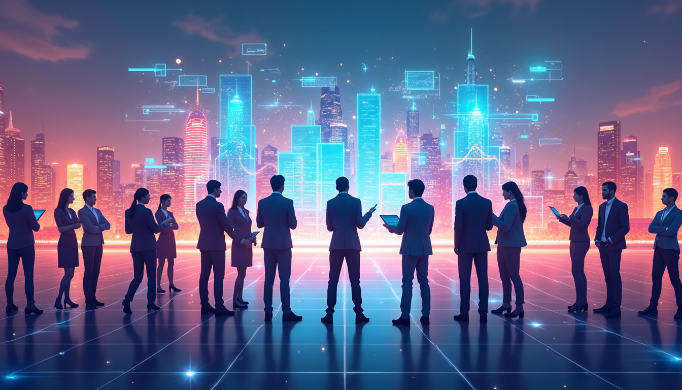  Diverse professionals analyzing colorful data charts, futuristic city skyline background