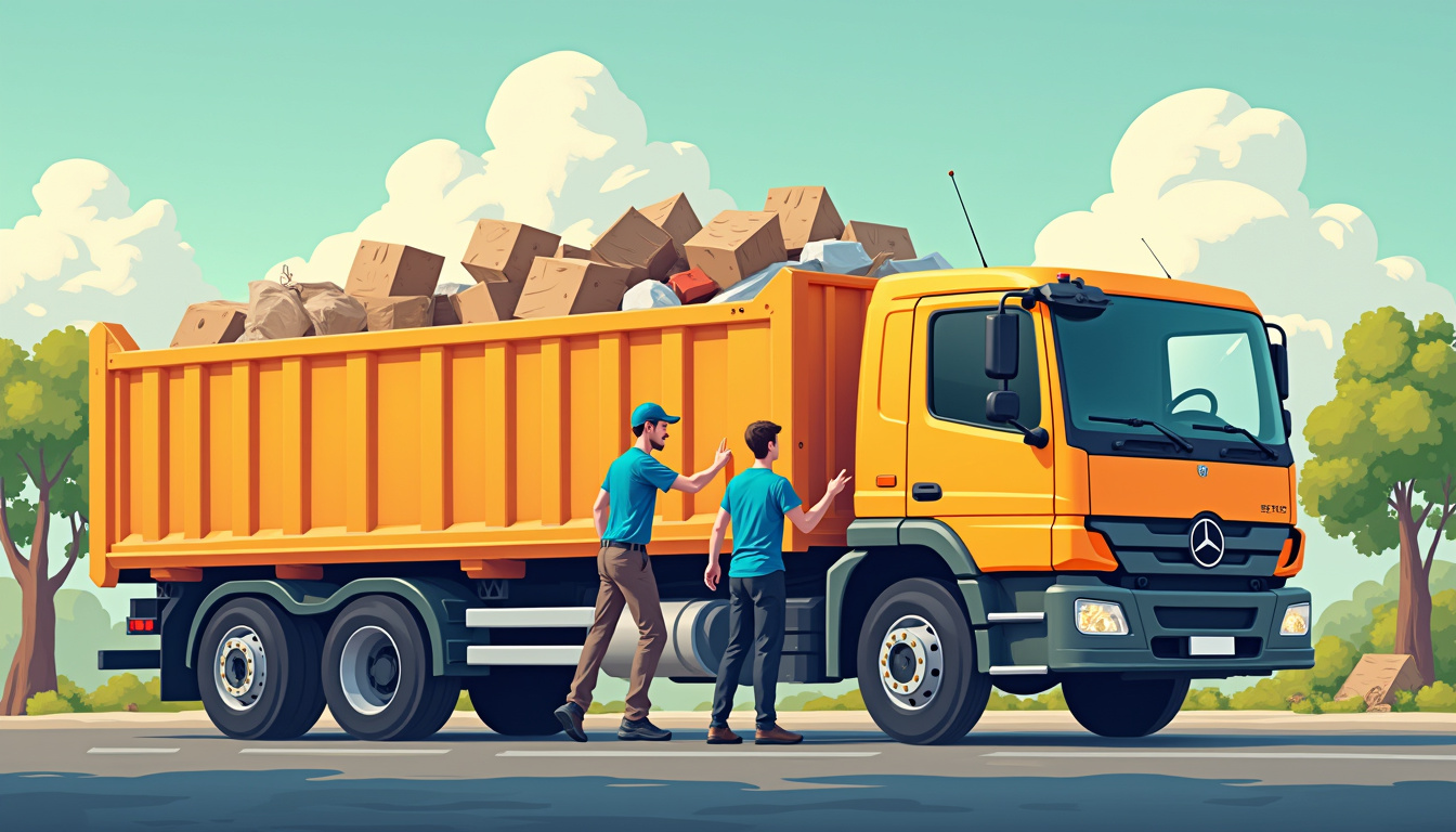  workers loading junk into truck, bright sunny day, efficient clutter clearing