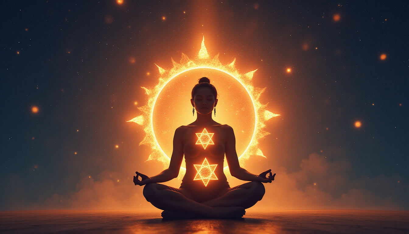  ancient sacred symbols glowing, peaceful human silhouette in lotus pose, vibrant healing aura