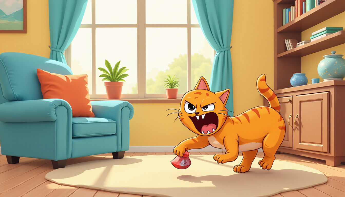 Angry cat claws furniture indoors, homeowner applying protective spray rapidly 
