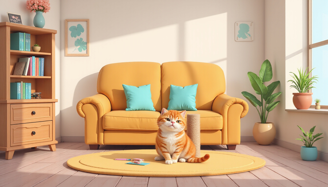  Cozy living room, cat peacefully using scratching post, no damage visible