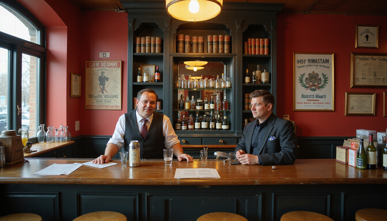 vintage bar scene with bartender checking IDs, vintage law books and warning signs on walls