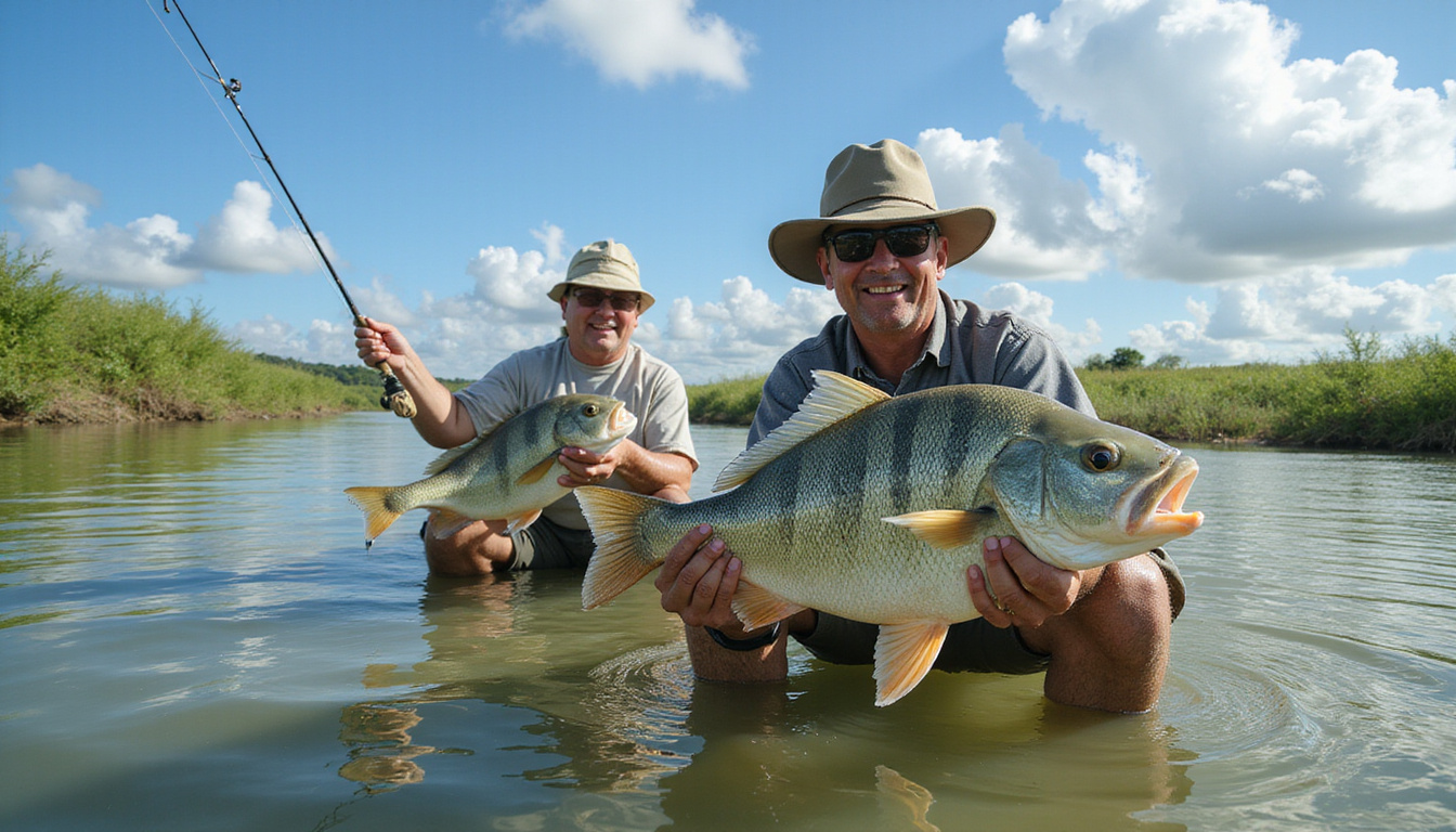  Happy anglers catching big Nile perch fish, vibrant tropical river scene, bright blue sky