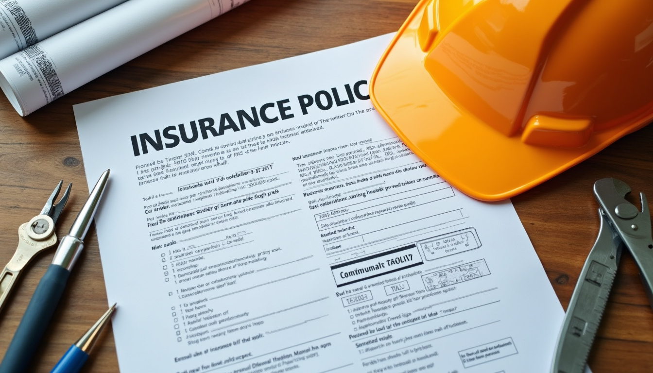  detailed blueprint and insurance policy on wooden table, tools and hardhat nearby