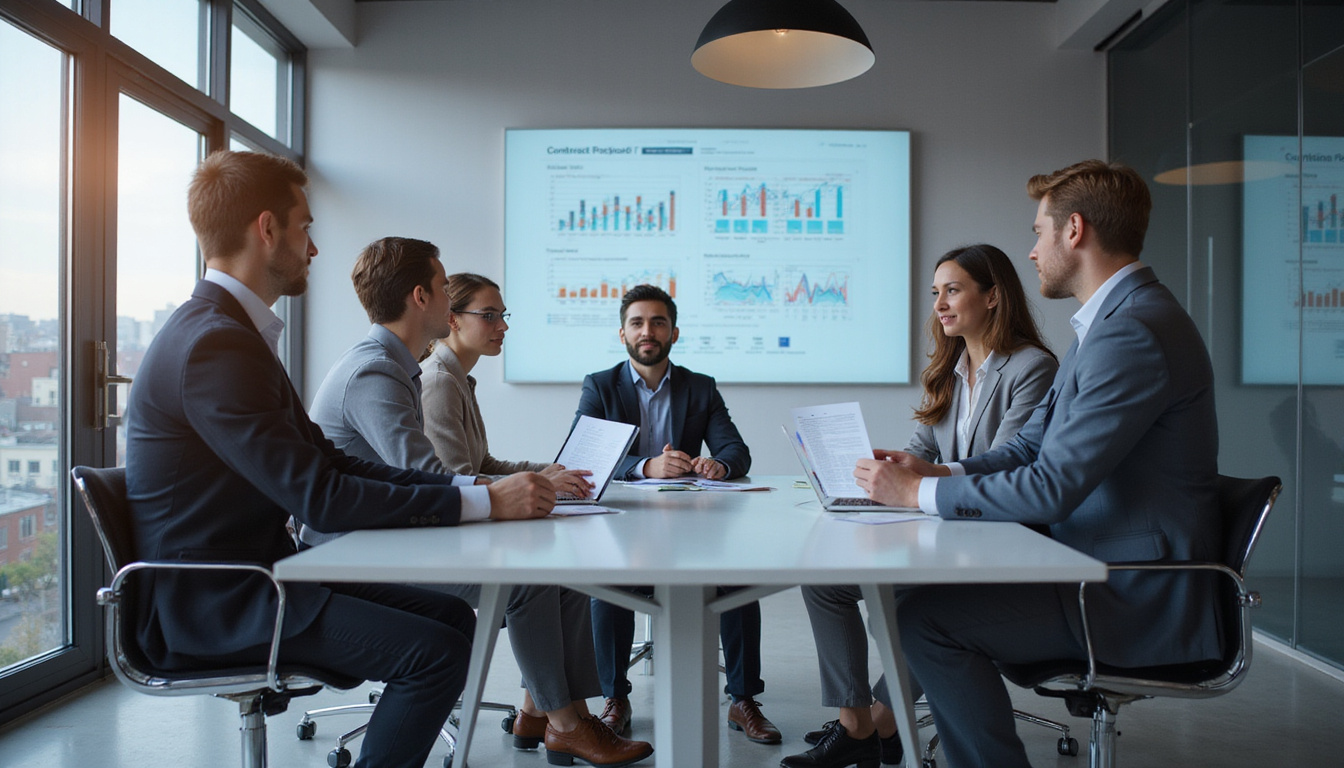  diverse team collaborating with digital charts for contract forecasting in bright modern office