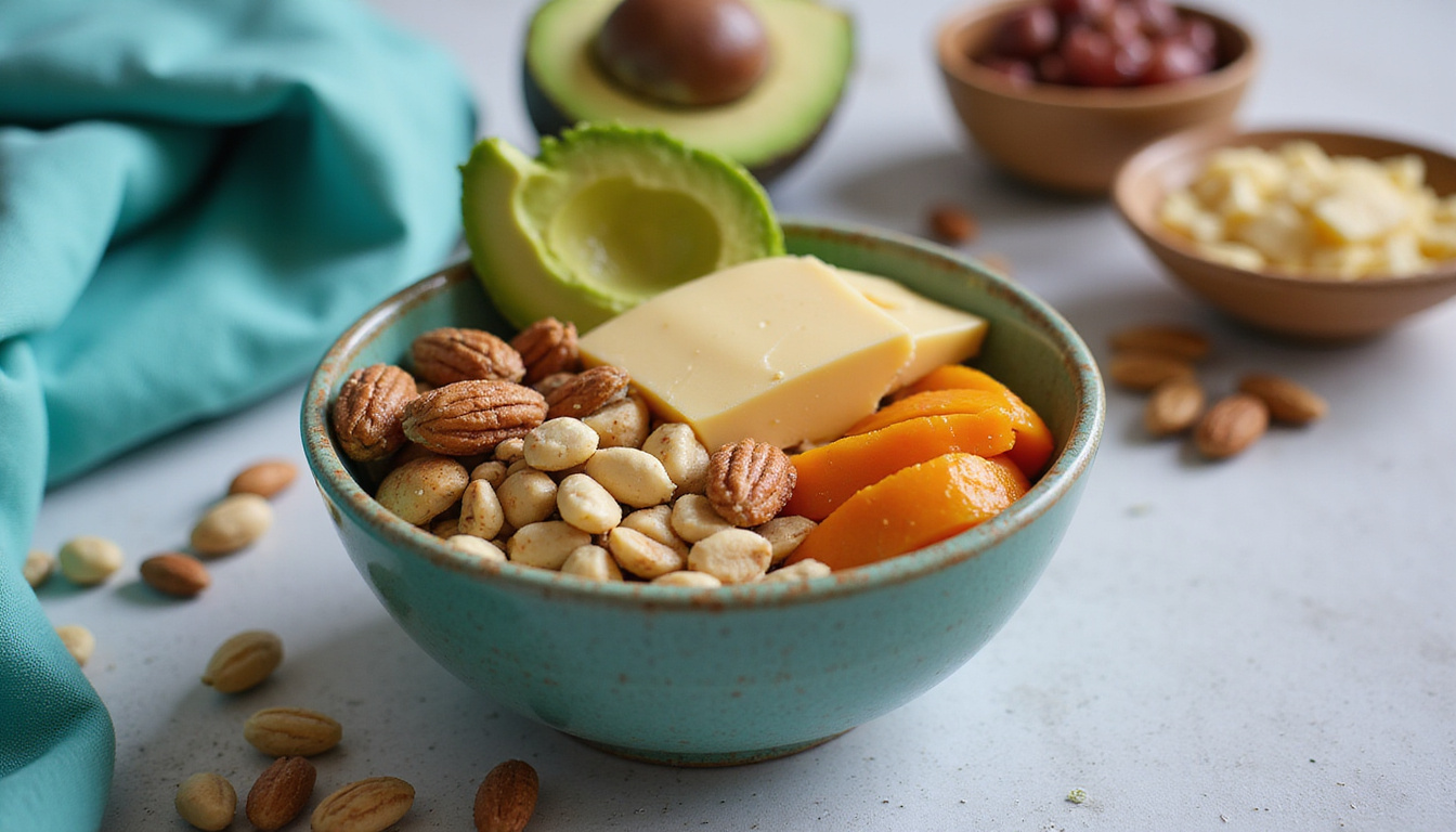 Close-up of colorful low carb snack bowl, nuts, cheese, avocado, fitness gear nearby