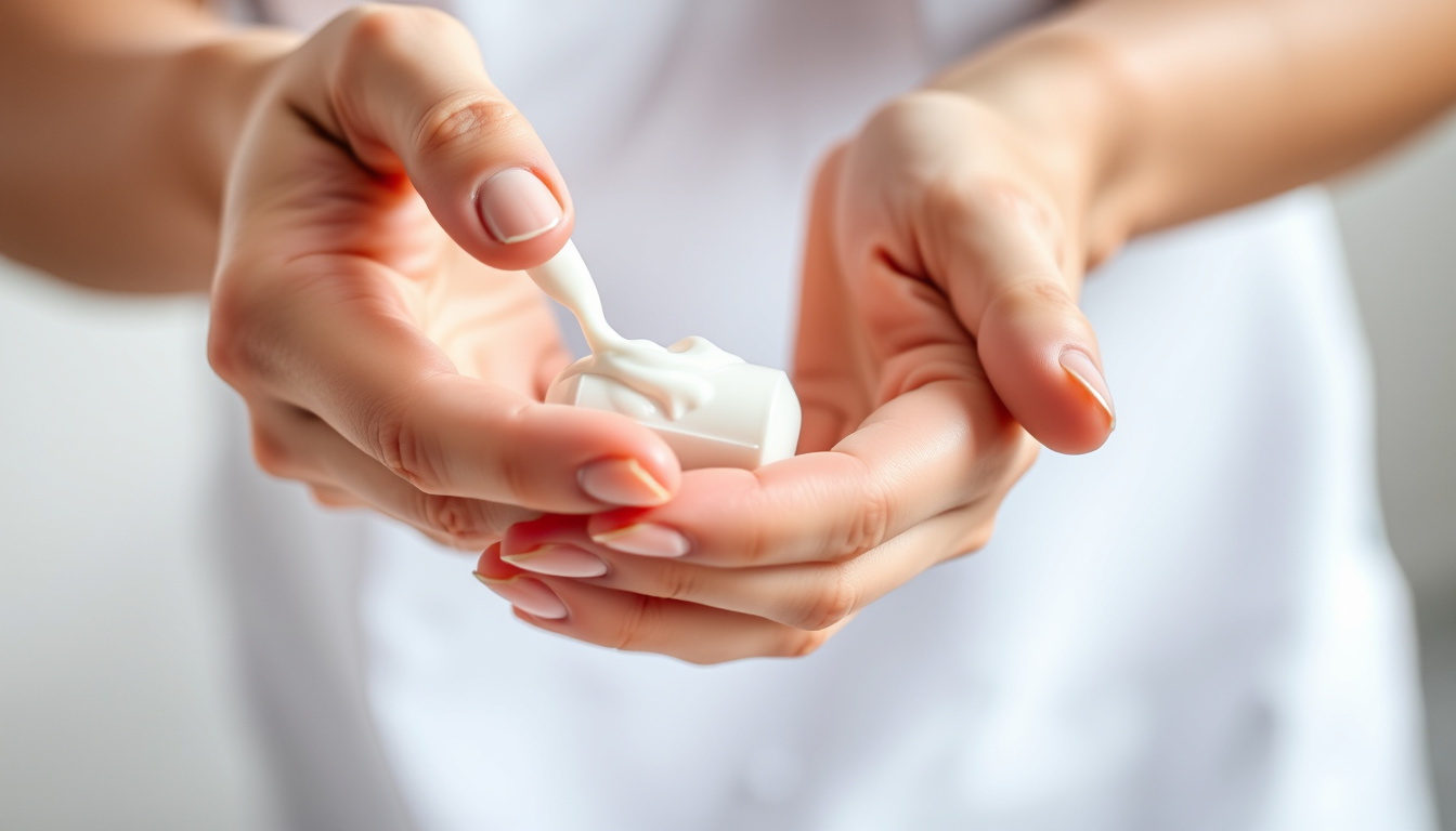  Close-up of hands applying soothing joint cream with visible relief, soft clinical setting