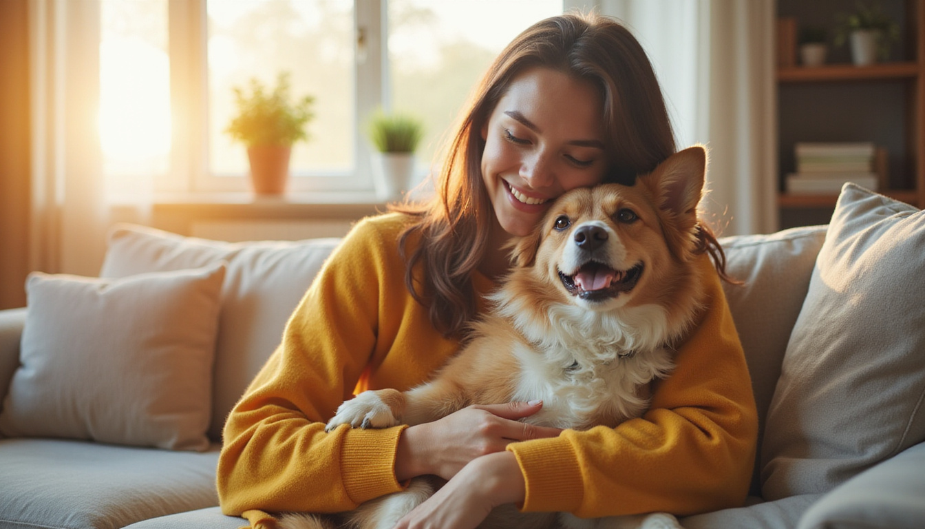  joyful pet owner hugging a playful dog in cozy living room sunlight