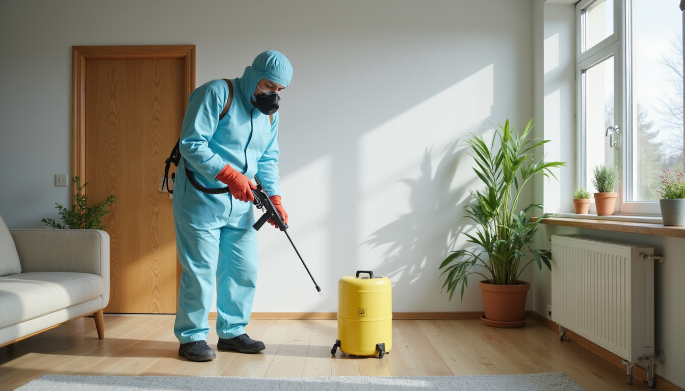  Professional exterminator spraying eco-friendly pest control in a modern home