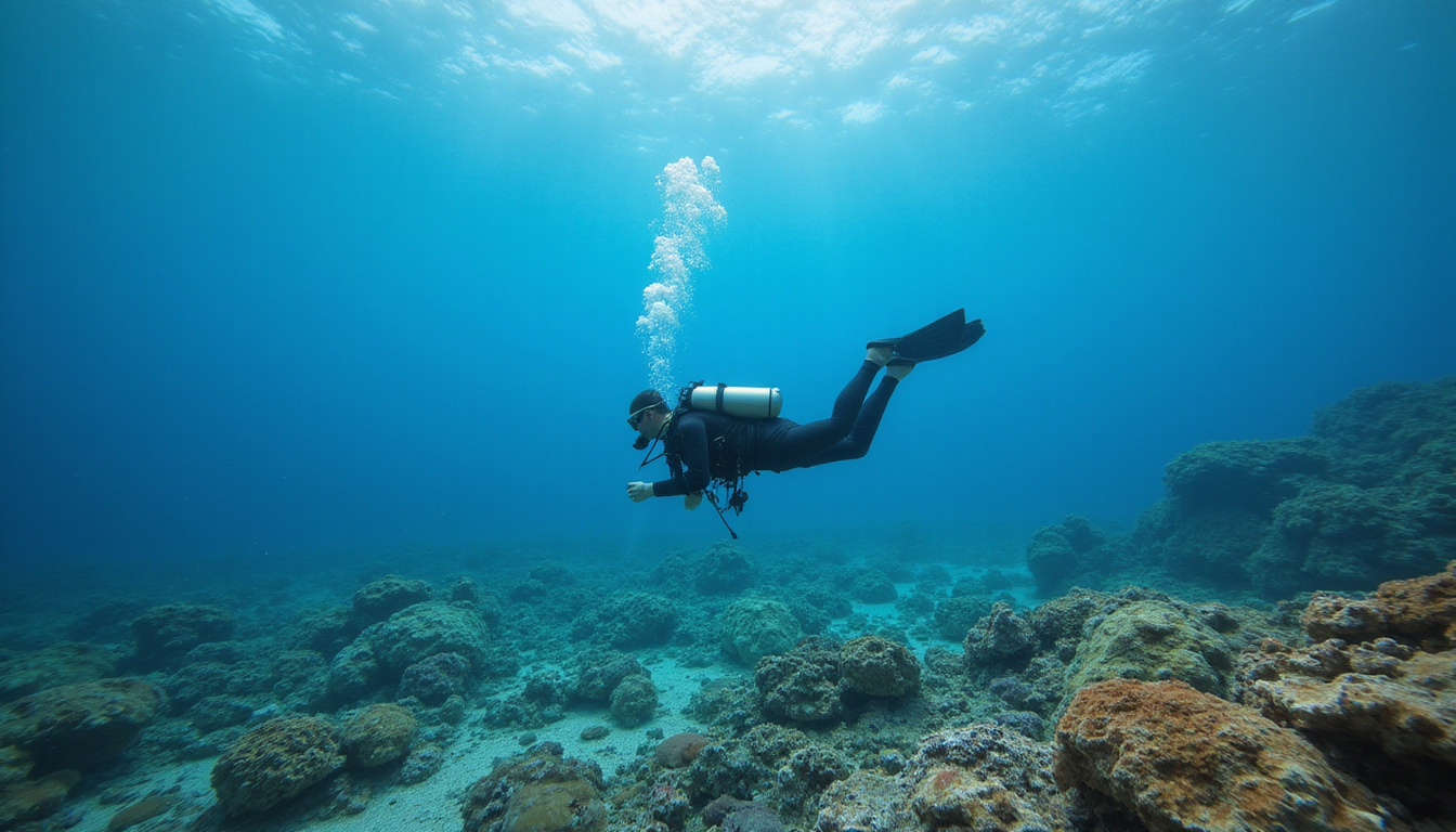  Scuba diver exploring Bali ocean crystal clear water tropical marine life