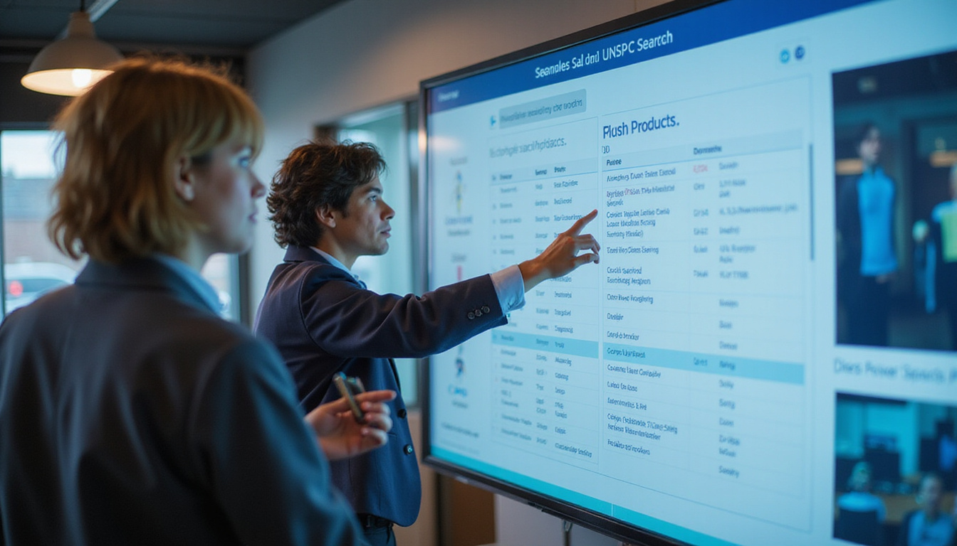  professionals using interactive touchscreens, categorizing products with seamless UNSPSC search tool, bright office environment