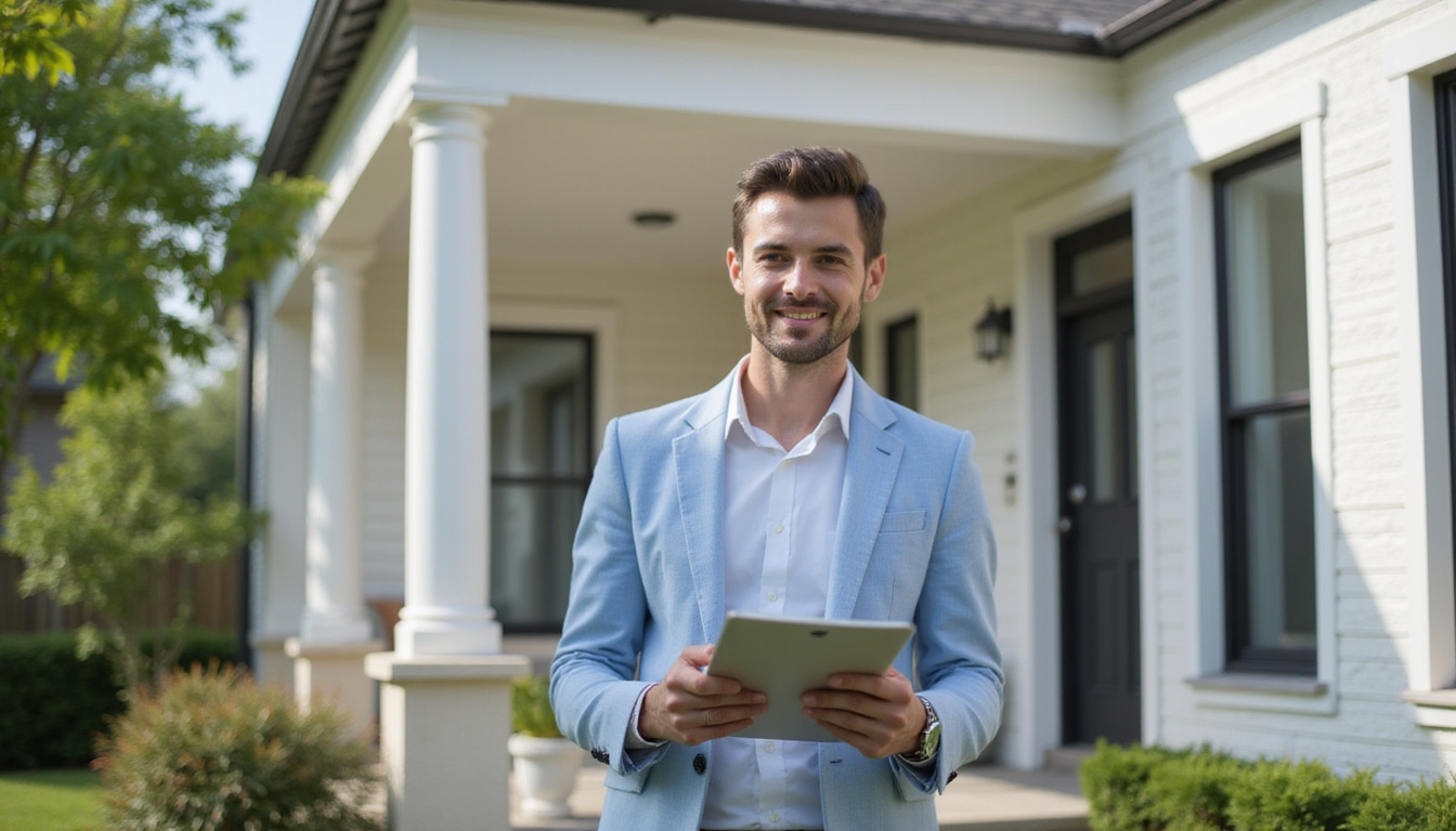 Real estate agent examining house exterior, clipboard in hand, smiling confidently