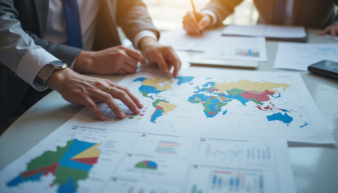  Businesspeople analyzing harmonized tariff charts with global trade maps in bright office