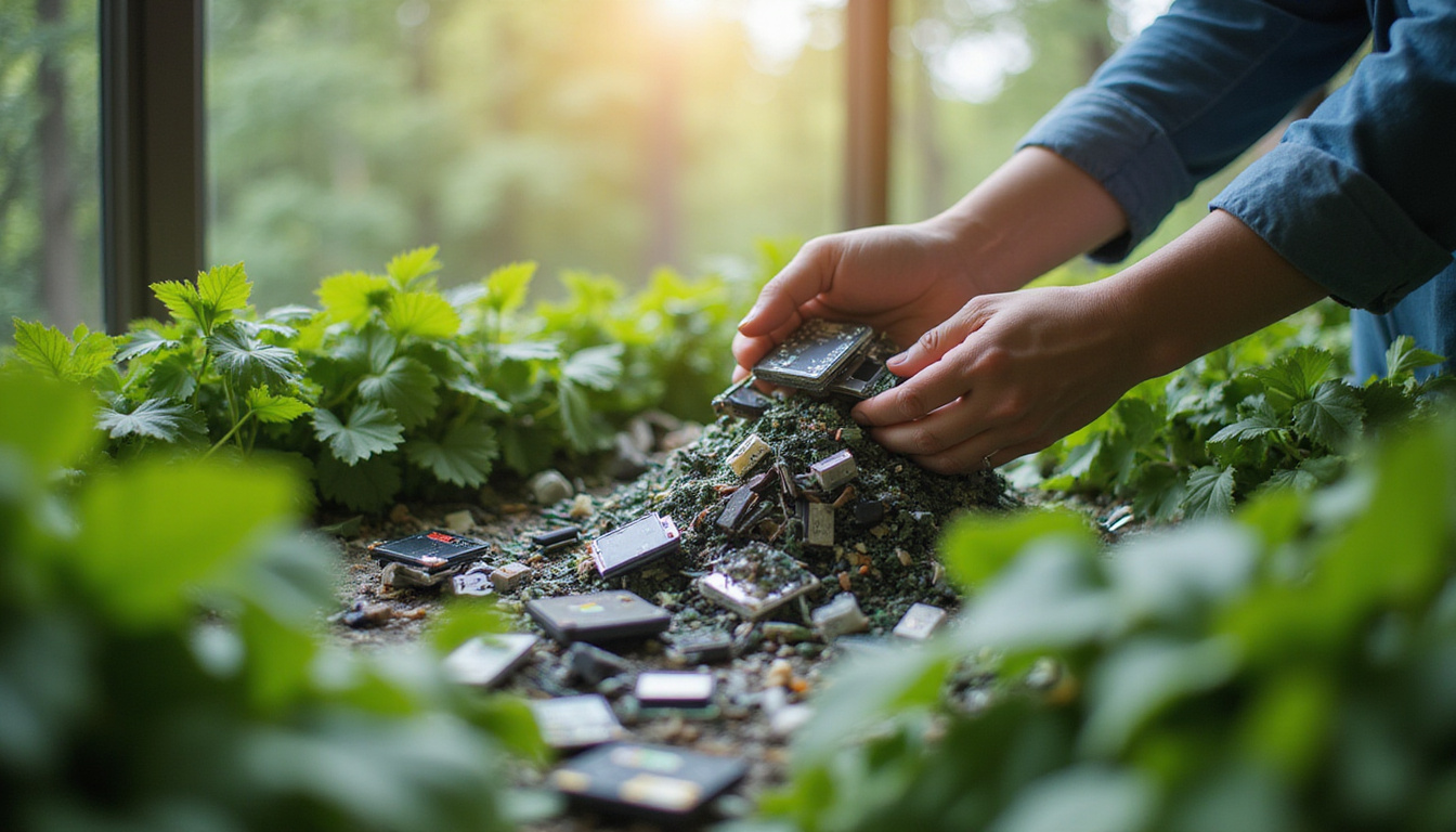 Hands sorting electronic waste, green plants surrounding, bright natural light, sustainable concept