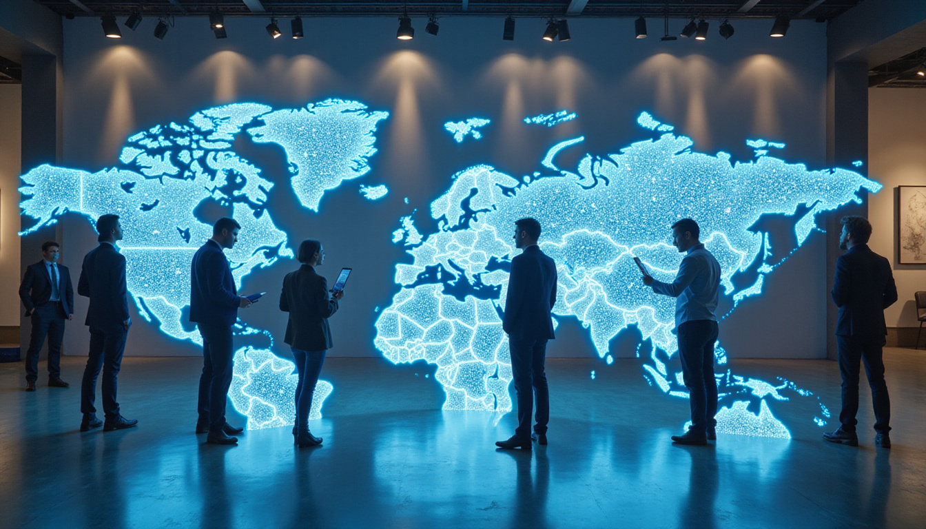  Diverse professionals collaborating over a large holographic industry classification map in a modern workspace